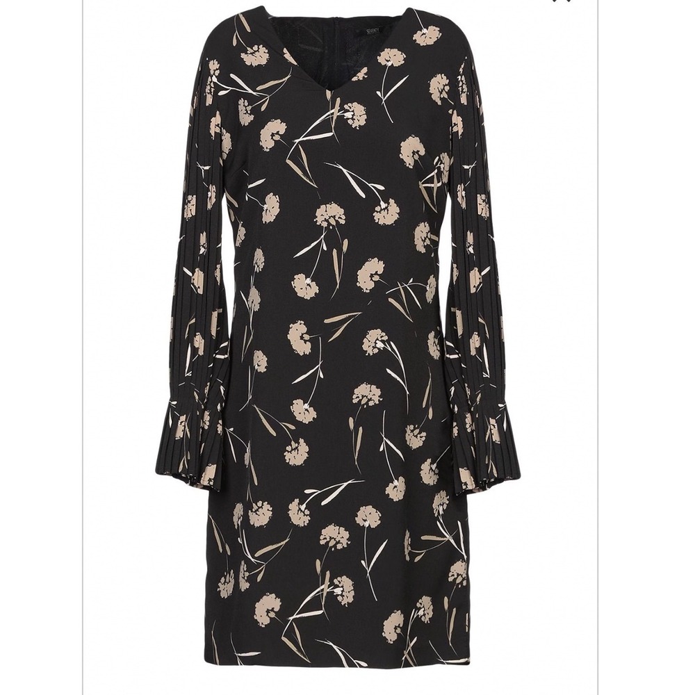 Seventy Sergio Tegon Black Floral Shift Dress Pleated Sleeves AB0828 IT 48 US 12